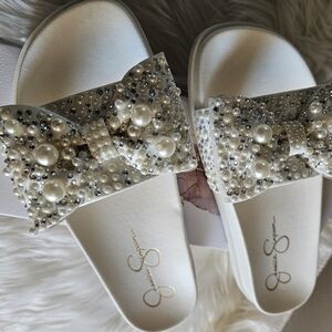 Embellished White Slide Sandals-Jessica Simpson-JP-Rexinne-Size 8
